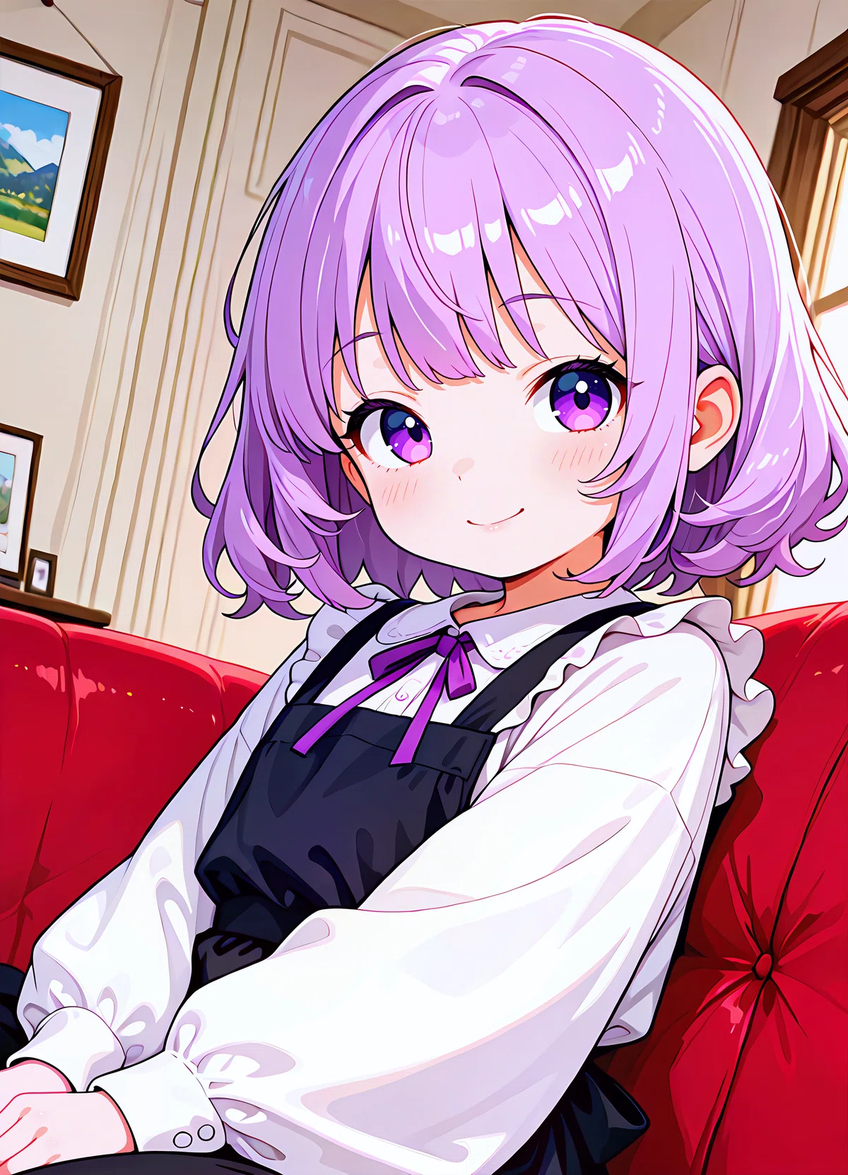 紫髪の女の子作例: 紫髪少女がソファに座る室内アニメイラスト（mellow_pencil-XL-v1.0.0-base_clear）