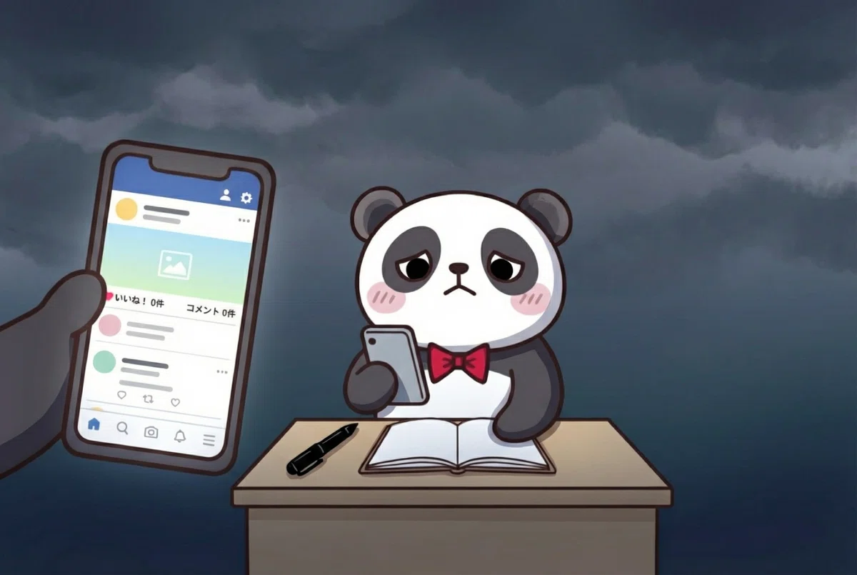 スマホの画面を見てがっかりするパンダ