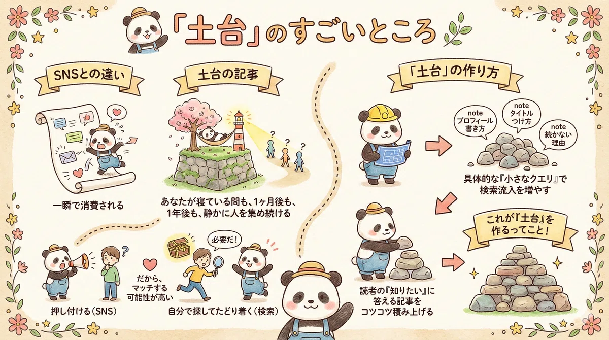 土台があることでSNSのように流されず、ひとつひとつを積み上げていける。検索から読まれるから「読まれない」という不安が消える。