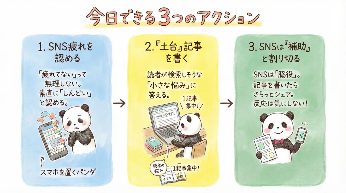 今日できる3アクション。①SNS疲れを認める②土台になる記事を書く③SNSは補助役と割り切る