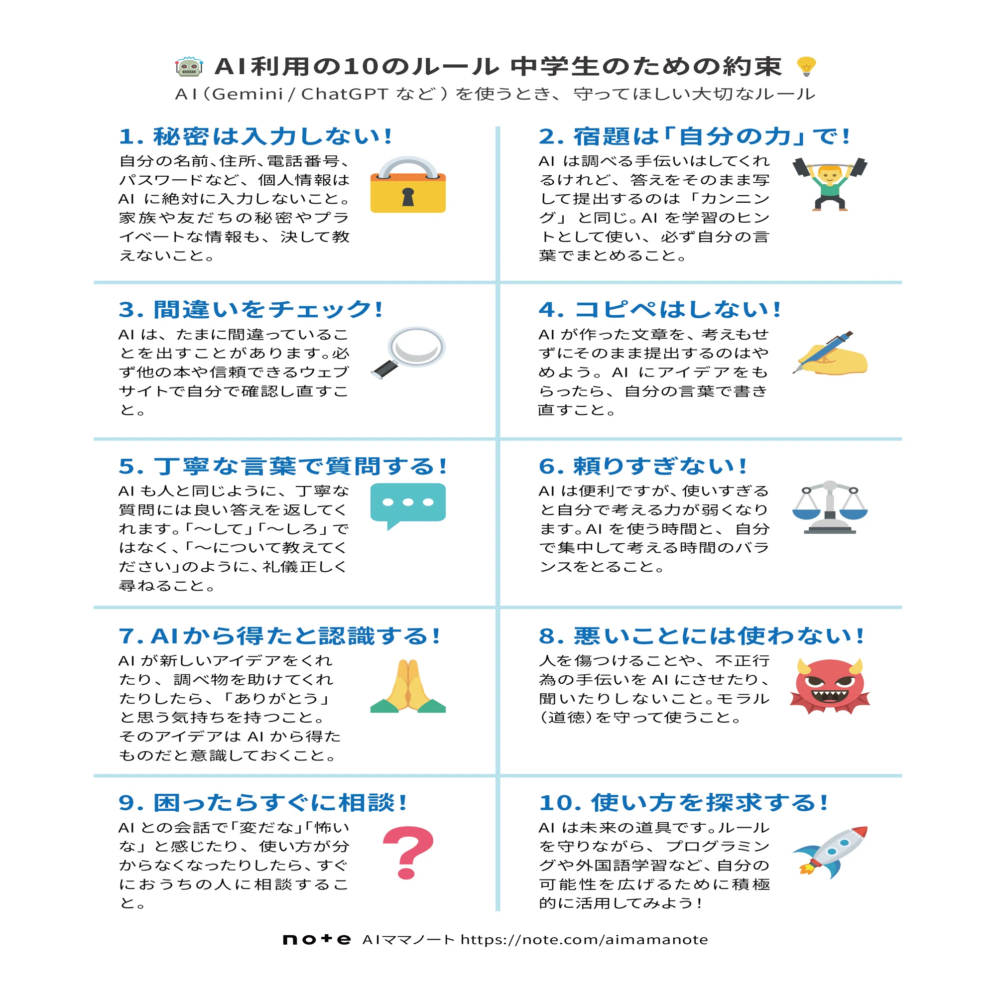 無料DL】中学生向け。「AI利用の10のルール」印刷用を作りました！｜AI 