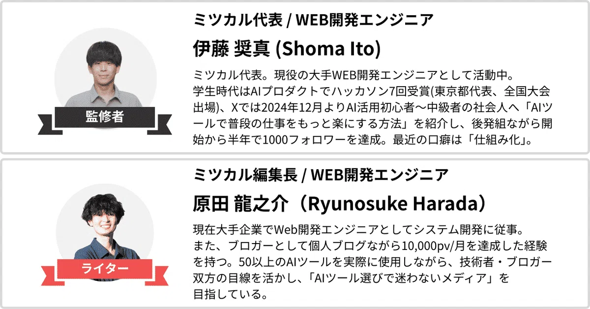 ミツカル代表/WEB開発エンジニア
伊藤 奨真(Shoma Ito)
ミツカル代表。現役の大手WEB開発エンジニアとして活動中。
学生時代はAIプロダクトでハッカソン7回受賞(東京都代表、全国大会出場)。
Xでは2024年12月よりAI活用初心者〜中級者の社会人へ「AIツールで普段の仕事をもっと楽にする方法」を紹介し、後発組ながら開始から半年で1000フォロワーを達成。最近の口癖は「仕組み化」。
監修者
ミツカル編集長/WEB開発エンジニア
原田 龍之介(Ryunosuke Harada)
現在大手企業でWeb開発エンジニアとしてシステム開発に従事。
また、ブロガーとして個人ブログながら10,000pv/月を達成した経験を持つ。
50以上のAIツールを実際に使用しながら、技術者・ブロガー双方の目線を活かし、「AIツール選びで迷わないメディア」を目指している。
ライター