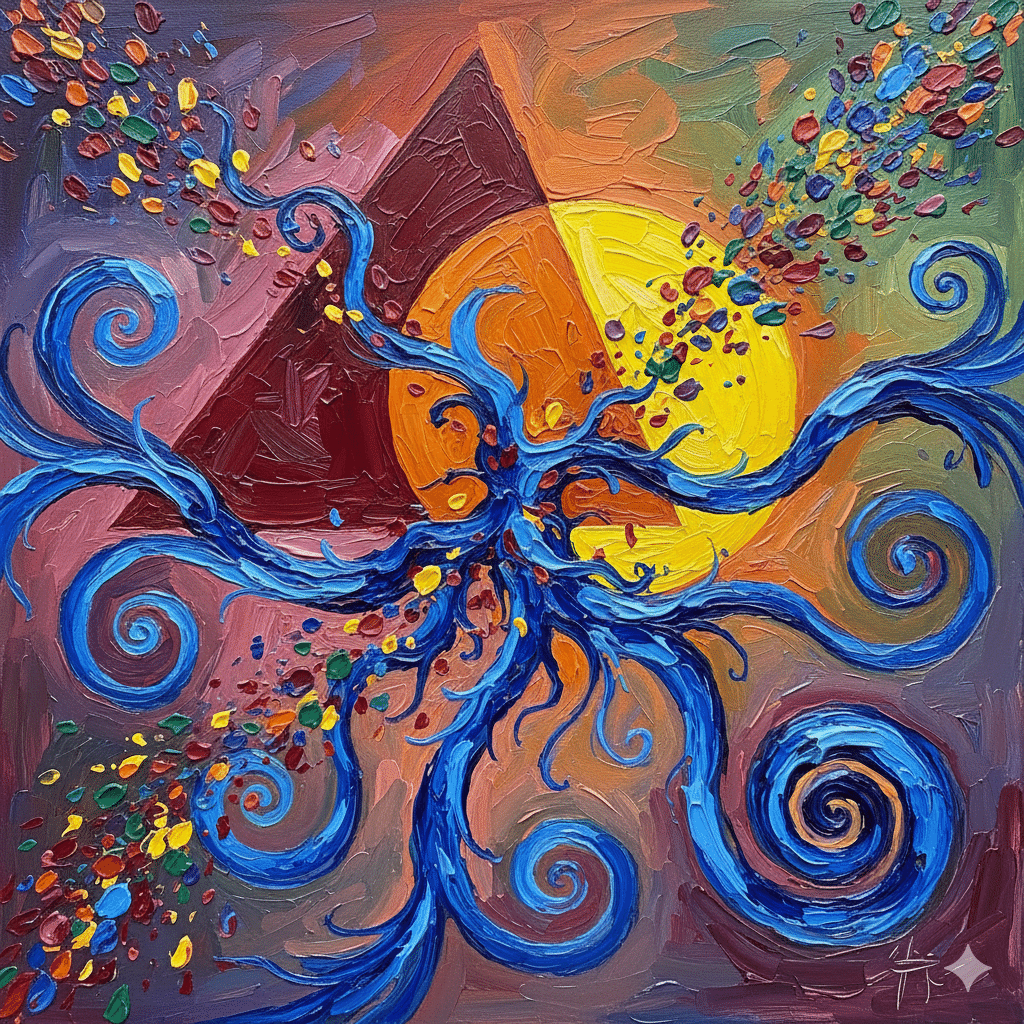 AI画像 de 油彩画（抽象、三角円カオス）｜茜町春彦