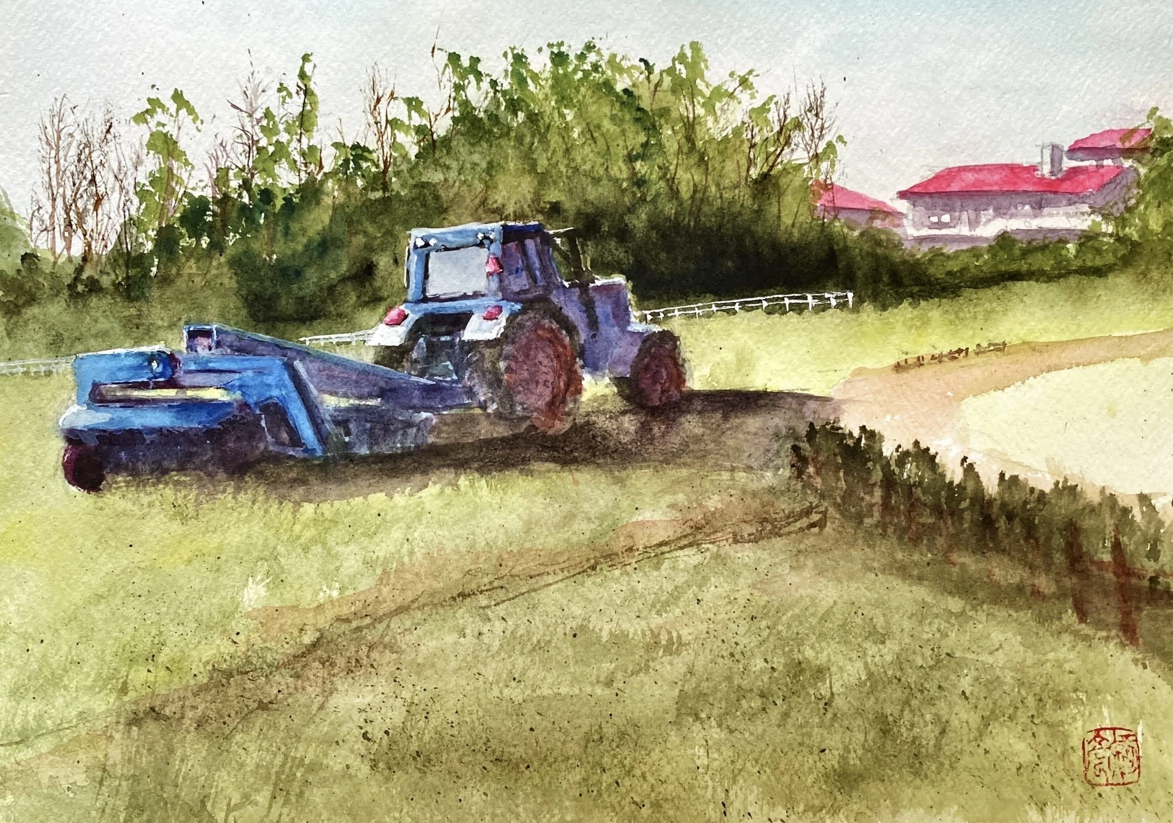 水彩画151】清泉寮でトラクターが牧草を刈っていました。｜tatatotoya