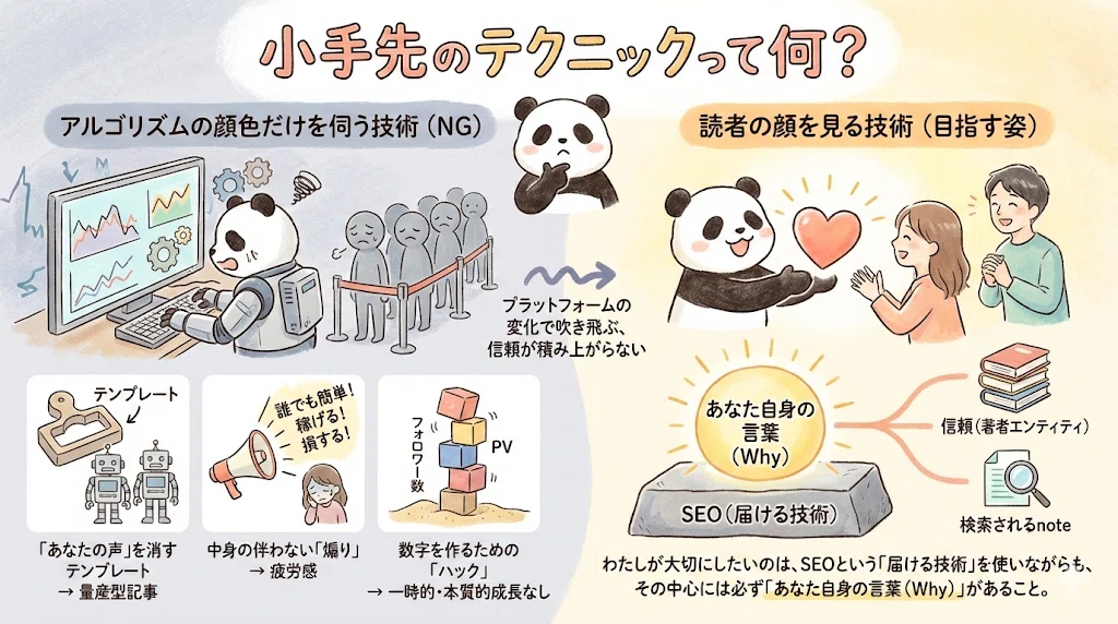 小手先のテクニックの図解。私が思う小手先のテクニックは「アルゴリズムの顔色を窺って、数字を作るためのハック」です。