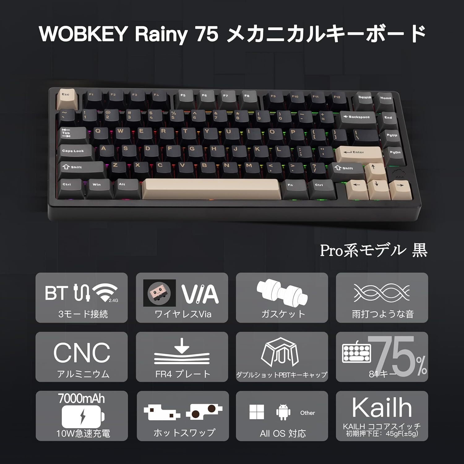 WOBKEY Rainy 75キーボード（Pro系モデル 黒）：究極の打鍵音と高性能