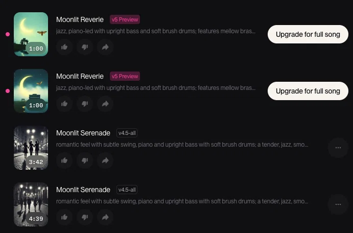 指示を守った曲が1分足らずで4曲生成された
