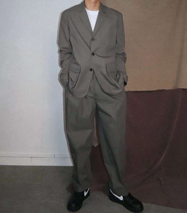 Korean Men's Set: A Greige Minimalist Jacket and Wide Pants