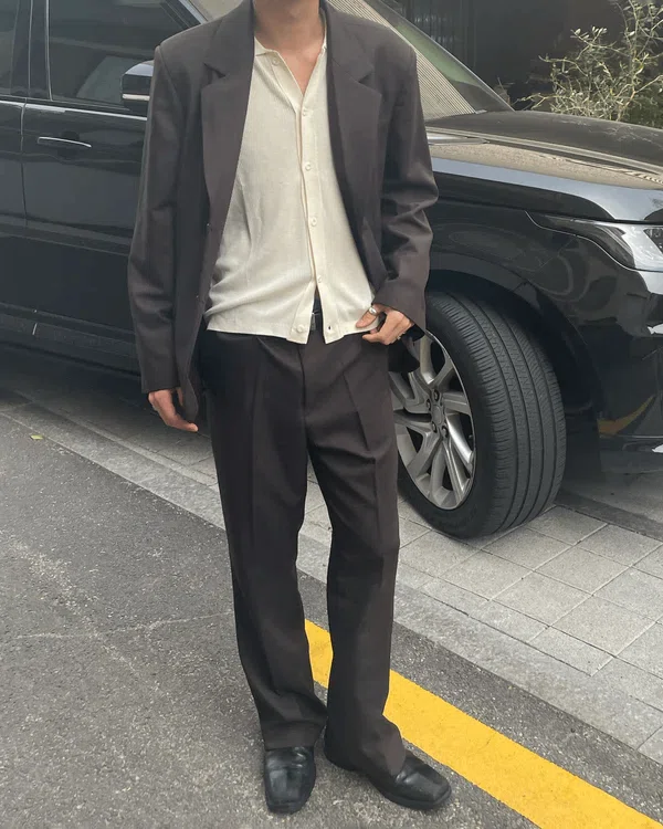 Korean Men's Fashion | A Classy Look with a Dark Brown Suit and White Knit Shirt