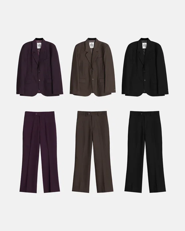Korean set-up product image | Purple, brown, and black minimalist jacket and slacks