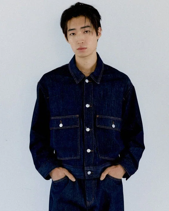 Korean Denim Set | Dark Indigo Minimalist Denim Jacket
