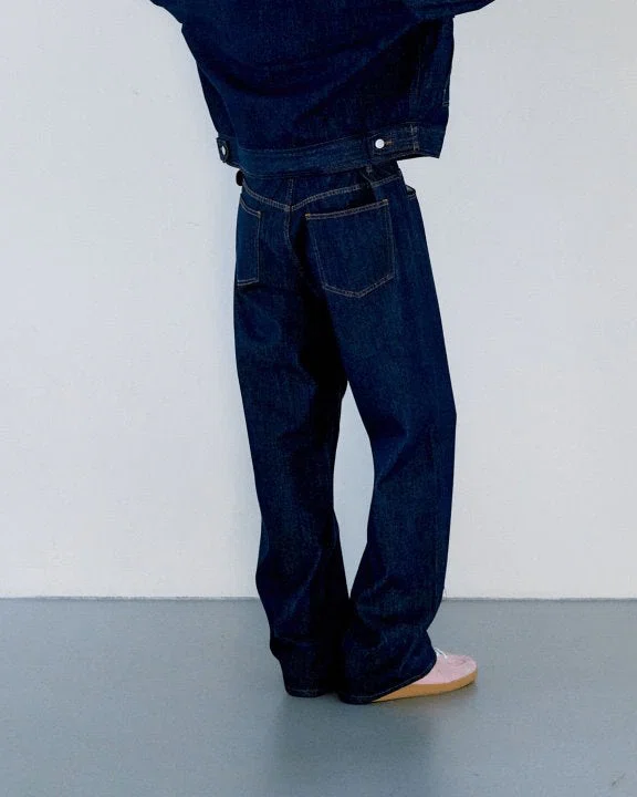 Korean Denim Outfit | Dark Indigo Straight Denim Pants (Back View)