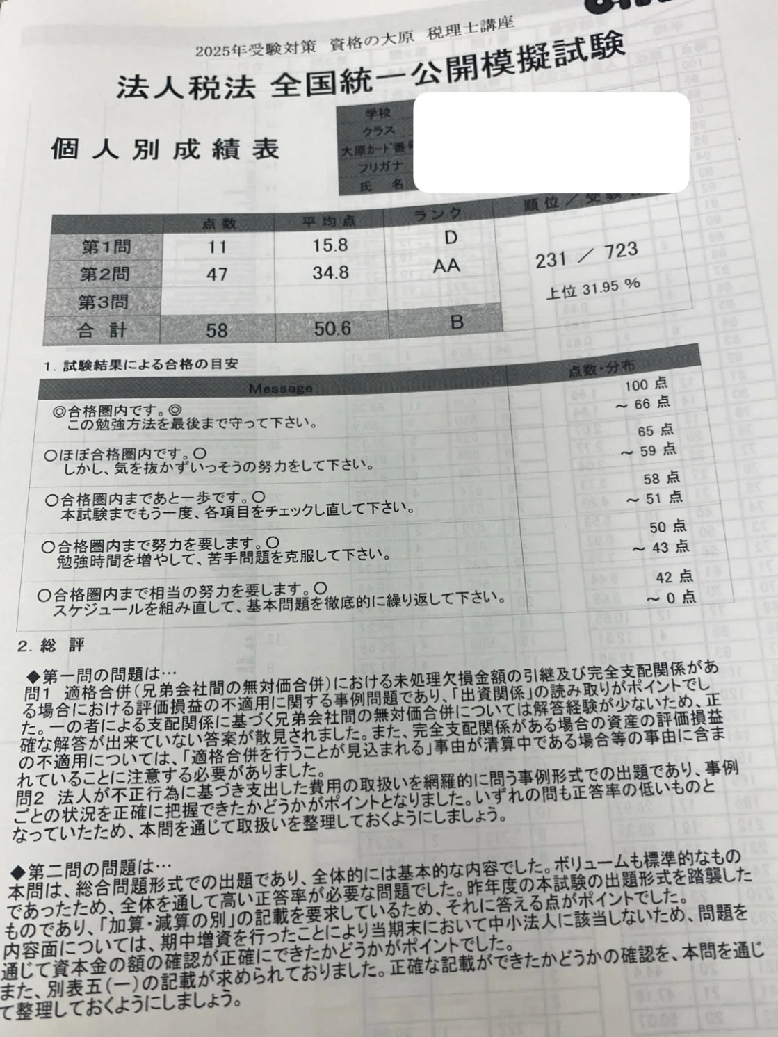 本 2026年 大原 税理士講座 法人税法 実力判定模試 全4回