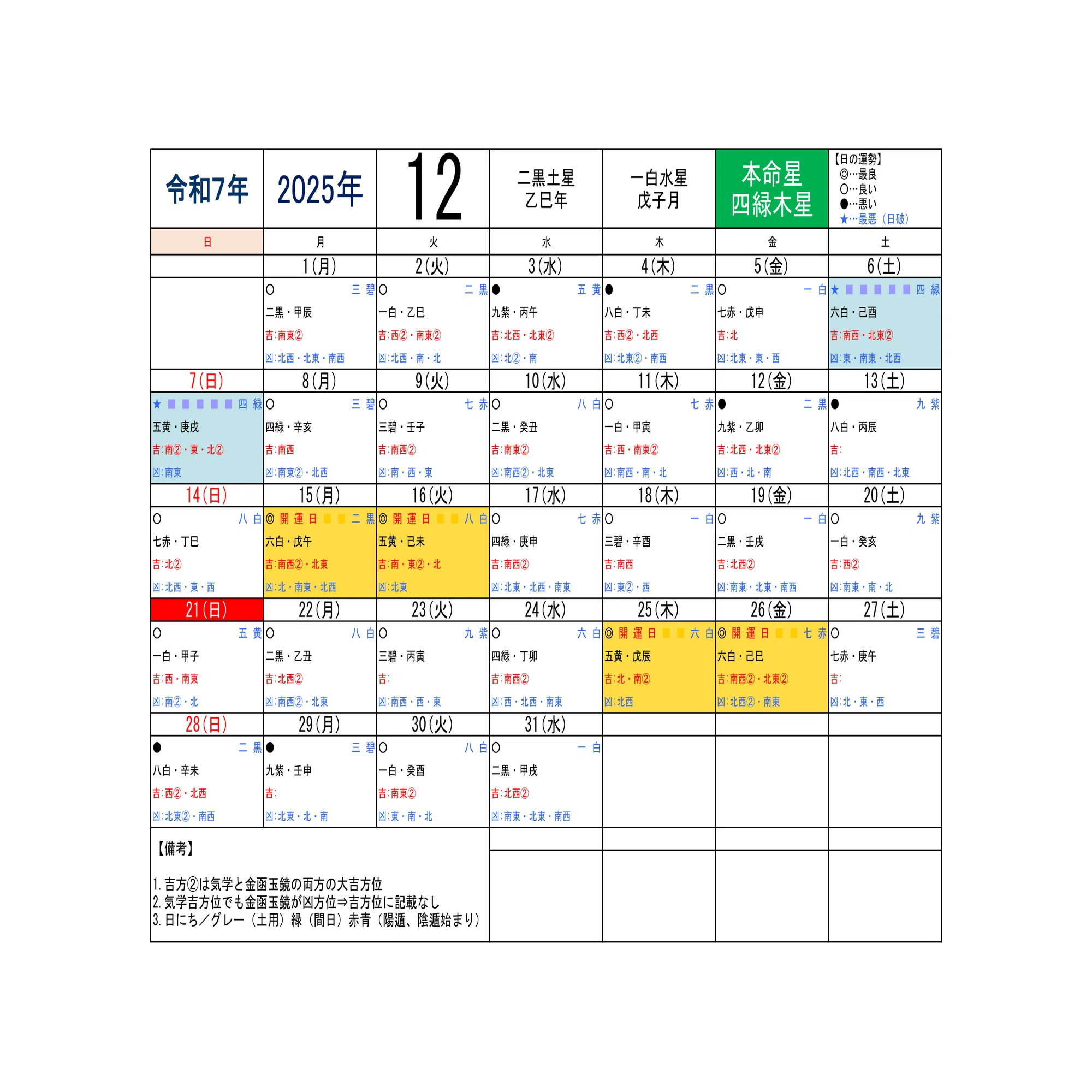 四緑木星）2026年／毎日の運気方位カレンダー｜ゆめ開運塾