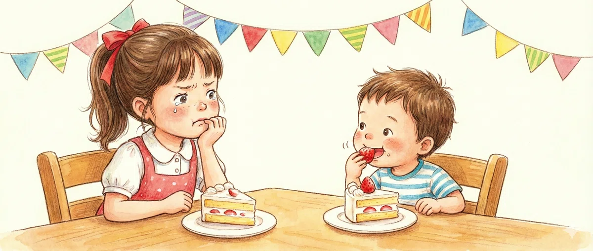 弟にショートケーキのイチゴを取られて泣いているお姉ちゃんとおいしそうにいちごを食べる弟。