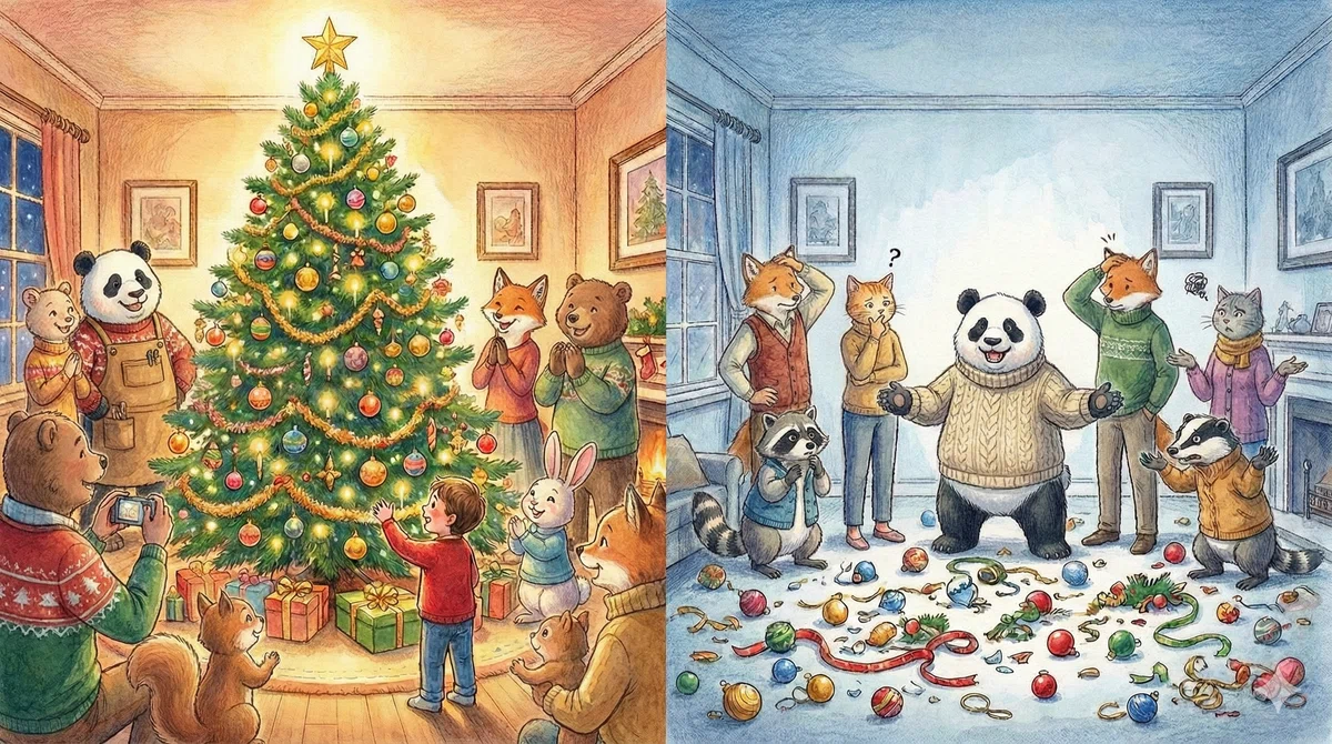 左はパンダが作った立派なクリスマスツリー。右は部屋に散らかったオーナメントの真ん中でパンダが自信満々に立っている様子。