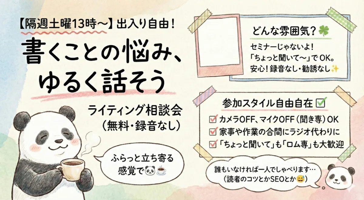 ライティング相談会のチラシ。隔週土曜13時～カメラオフ、マイクオフ（聞き専）OK。セミナーではありません。録音や勧誘はしません。参加費無料。検索されるnote研究会Discordというクローズドな空間で開催します。
