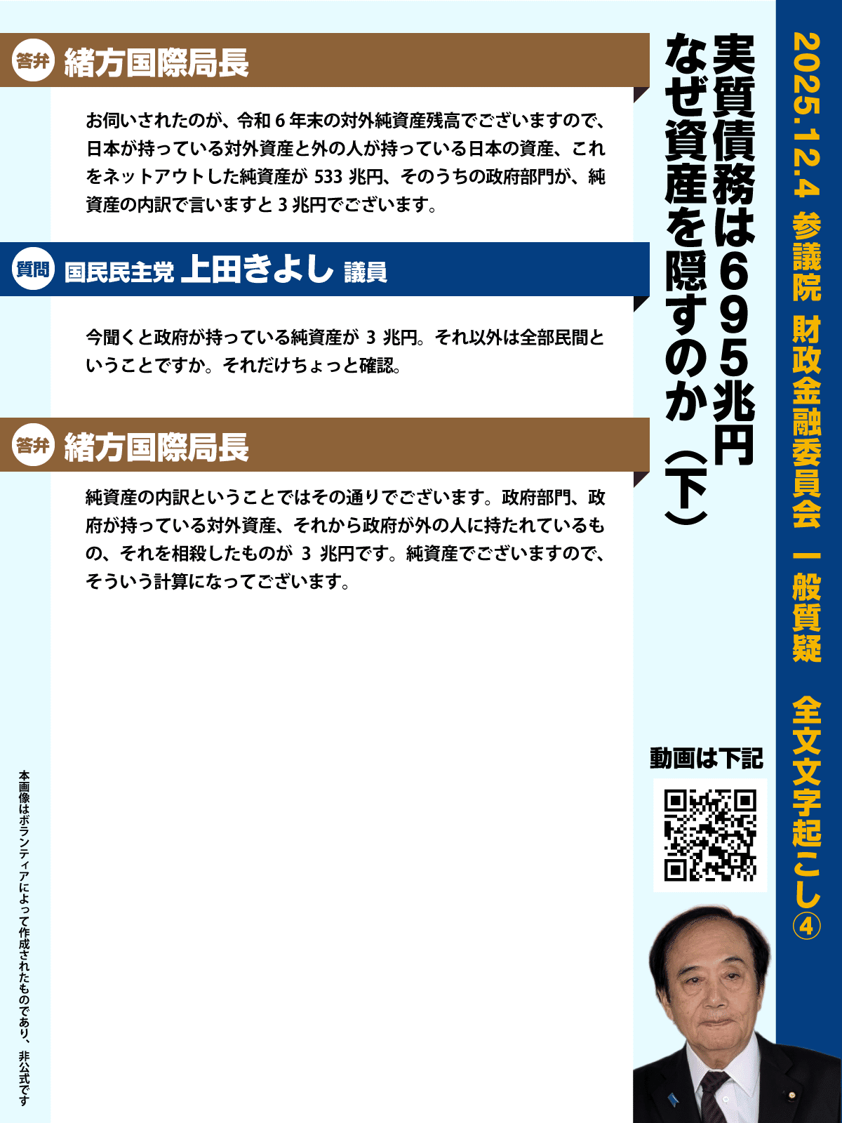 国に本当にお金はないのか？』国会で示された数字が語る日本の姿 2025.12.4 国民民主党 上田きよし議員 参議院 財政金融委員会委員会  一般質疑（全文文字起こし）｜国民民主党の文字起こしをする鶴亀（非公式）