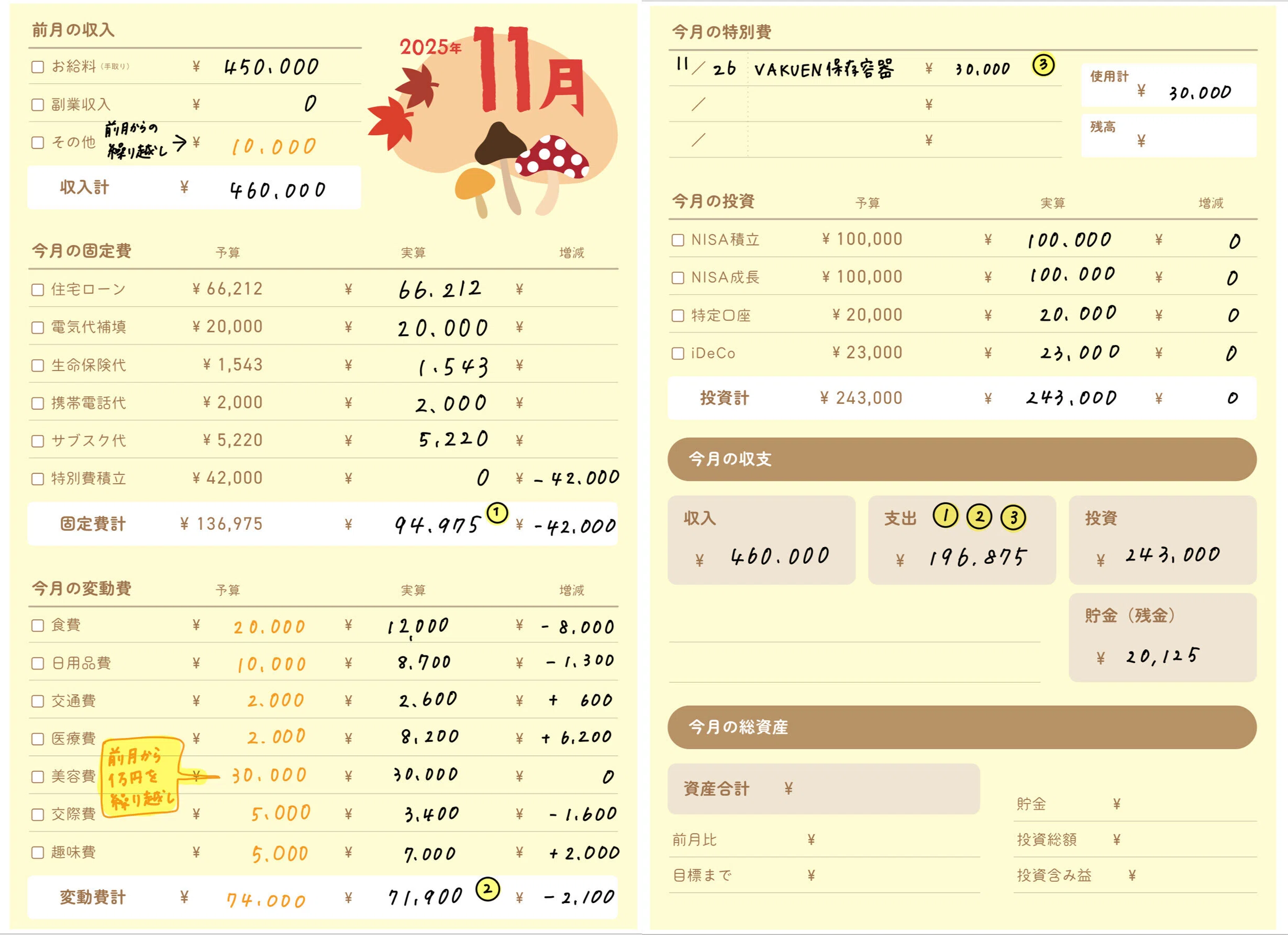 無印手帳B6用家計簿シート・改〜金運上がりそうなテイストに｜オタマ