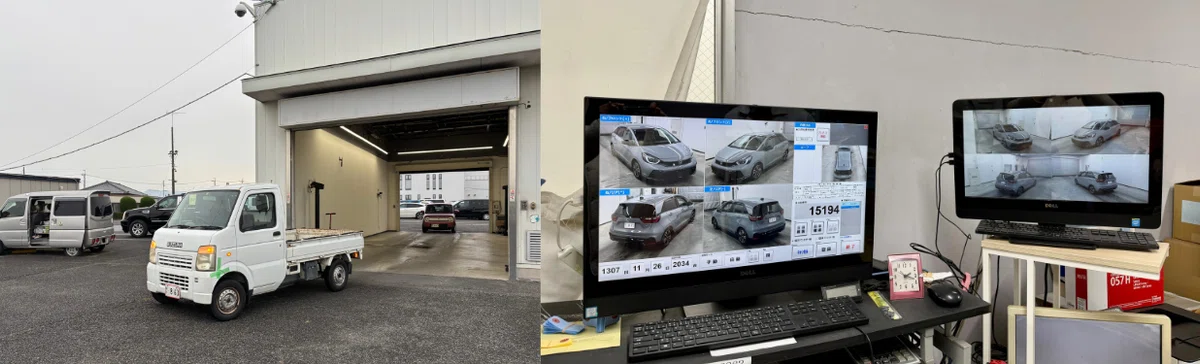 専用スタジオで車両を５方向から撮影（右）。撮影を終えた車両が専用スタジオから次々と出てくる（左）