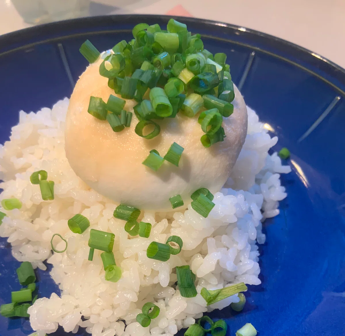 青い平皿にのったご飯とブッラータチーズ、小ネギ。