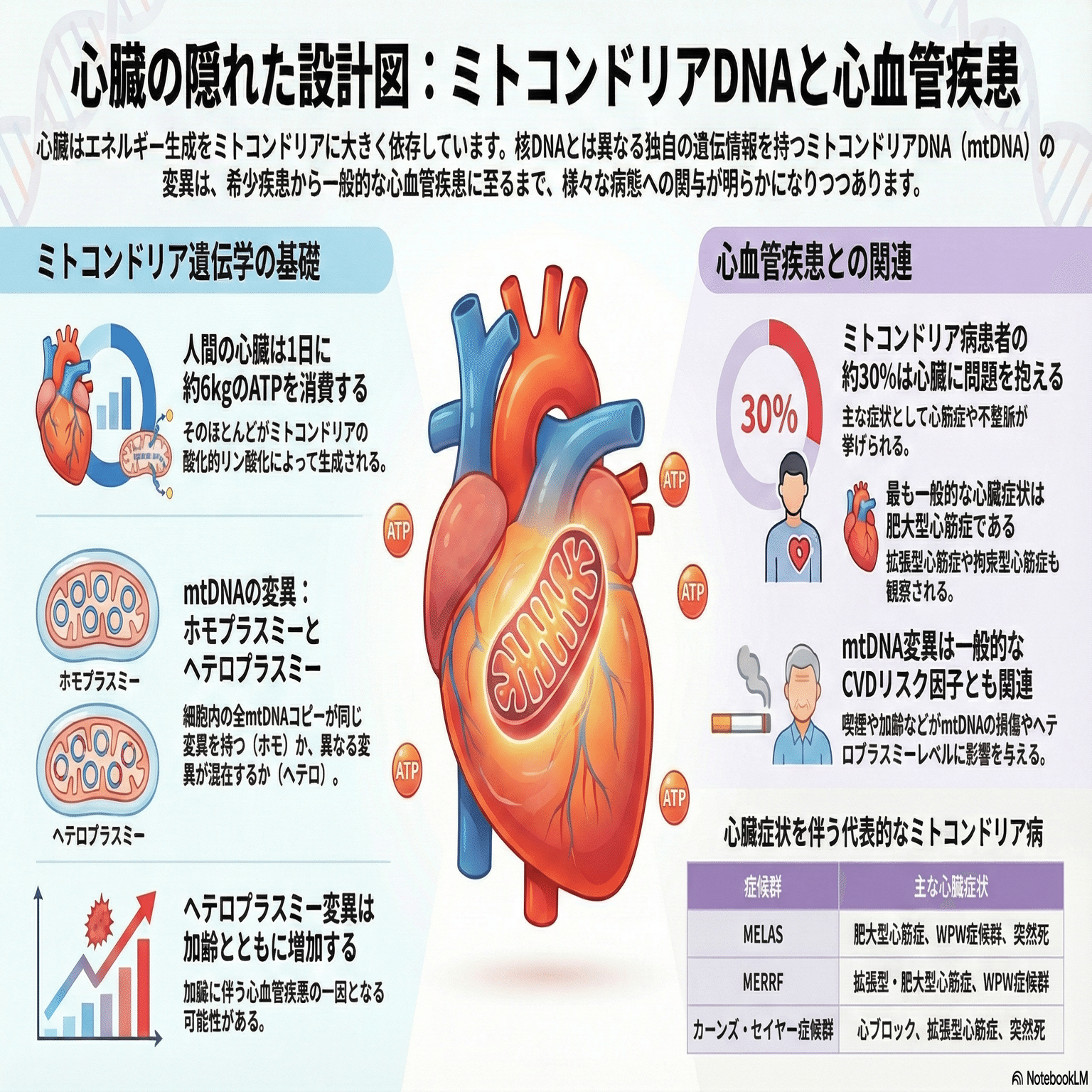 心血管疾患；ミトコンドリアの遺伝子の仕組みは複雑（ヘテロプラスミーなど）で、まだ十分に解明されていない｜Makisey