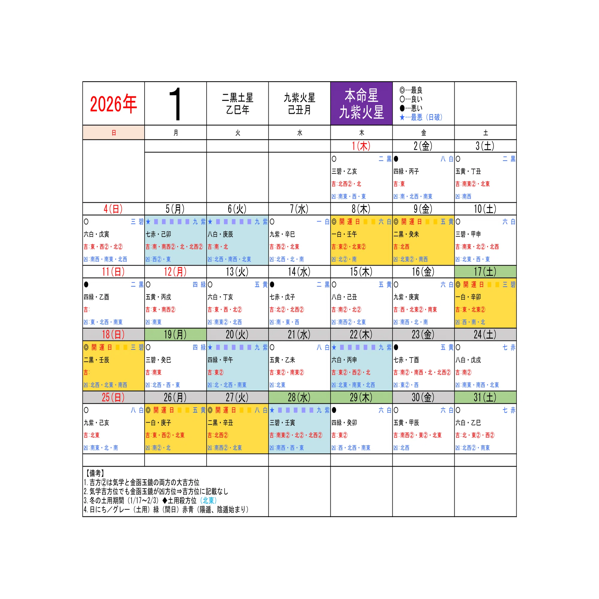 九紫火星）2026年／毎日の運気方位カレンダー｜ゆめ開運塾