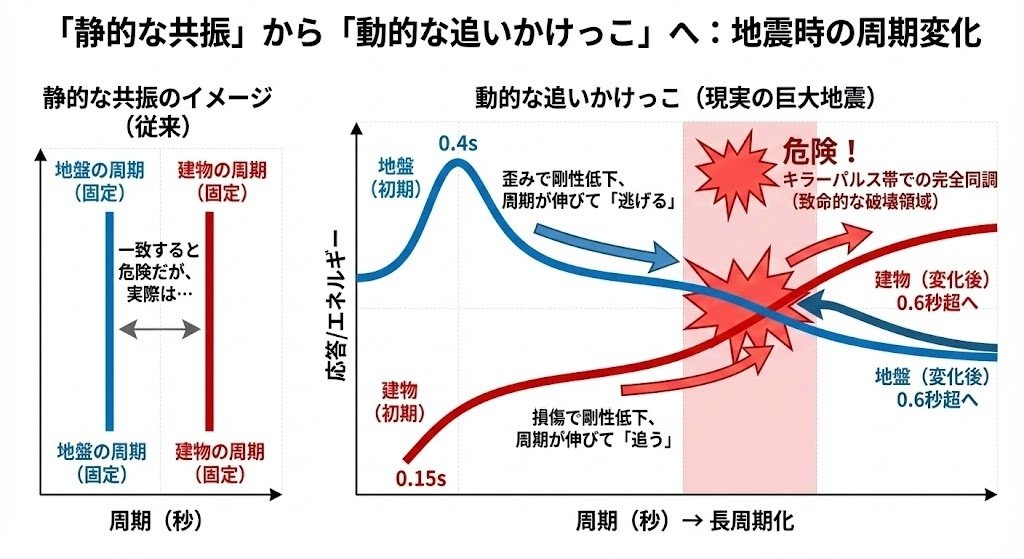 地盤震動 : 現象と理論 地震と建築』（大崎順彦）に続く、「逃げる地盤」と「追う建物」の共振