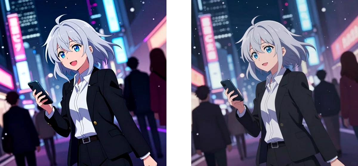 夜の繁華街で歩く女性のアニメイラストの比較: Z-Image-Turbo_clear + Z-Image_clear_vae（左） vs 原版（右）。