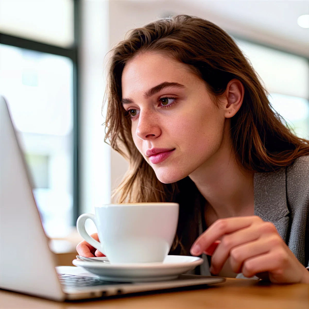 Z-Image-Turbo_clear で生成した喫茶店で仕事する女性のイラスト: ノイズが残るが精度の高いリアル描写。