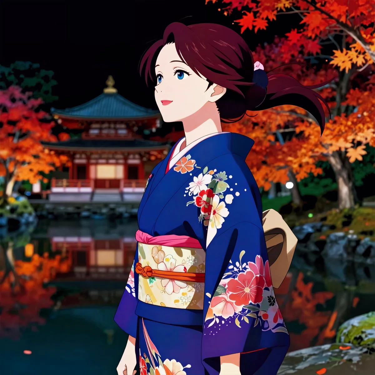 Z-Image-Turbo_clear + Z-Image_clear_vivid_vae で生成した、青い着物の女性が紅葉の寺院前で立つアニメ風イラスト。