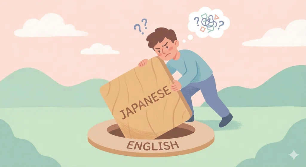 四角い日本語を丸い英語の穴に無理やり入れようとして困っている人のイラスト。直訳がうまくいかない様子を表現。