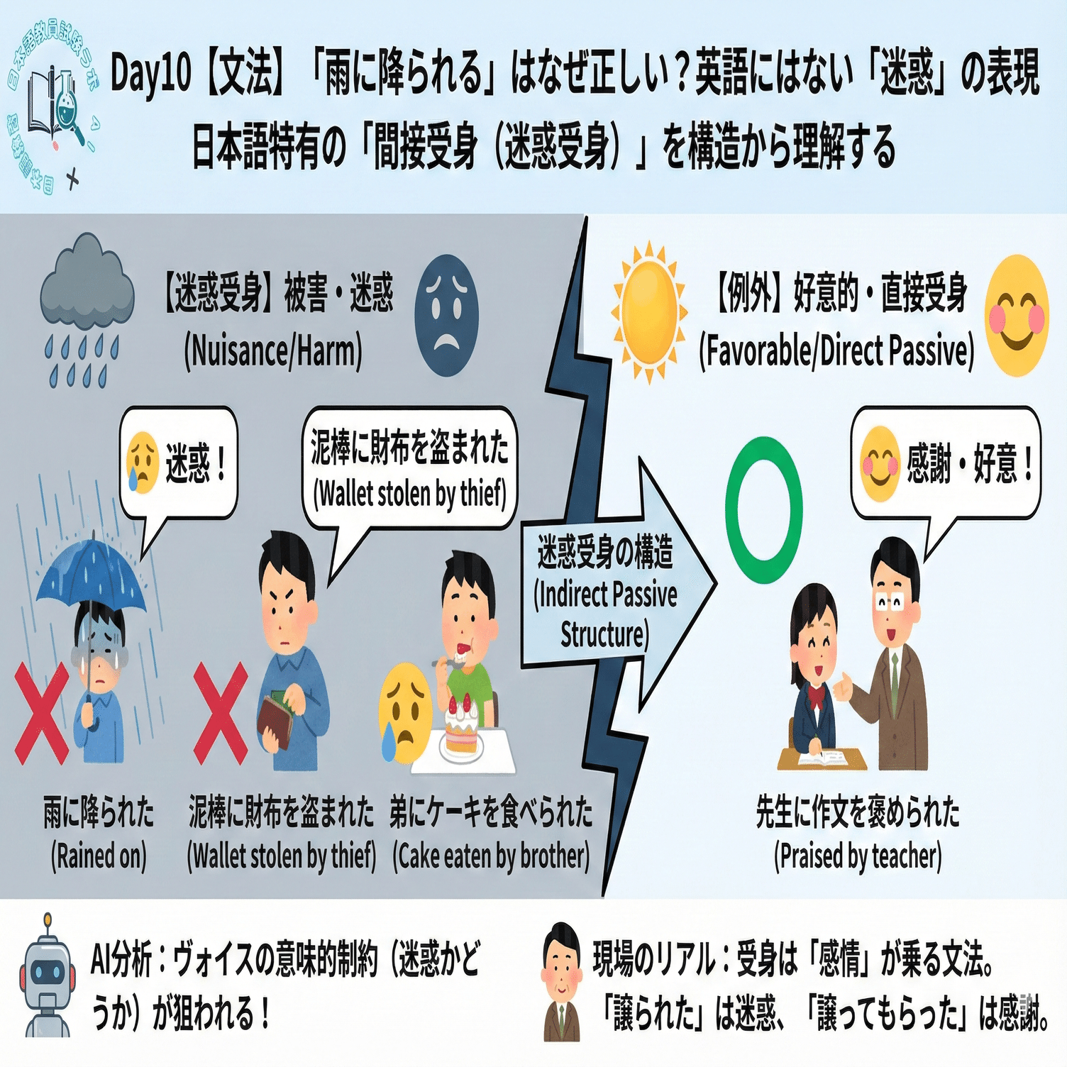 Day10 【文法】「雨に降られる」はなぜ正しい？英語にはない「迷惑」の表現｜イッシー日本語教員試験ラボ｜AI × 日本語教育