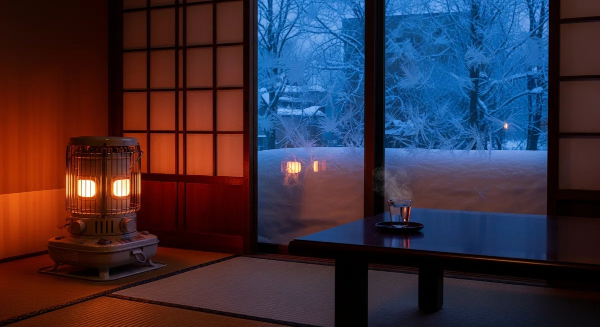 冬の早朝、雪に覆われた窓の外を背景に、和室でストーブが柔らかく灯り、テーブルの上には湯気の立つグラスが置かれている様子。