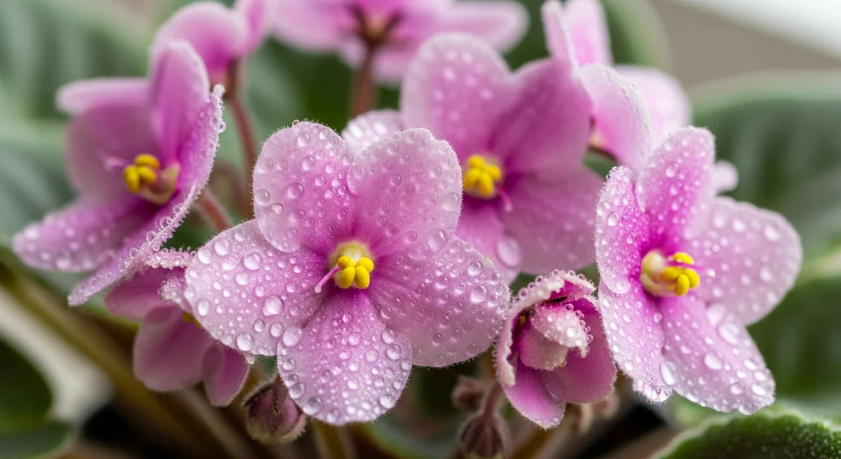 水滴をまとった淡いピンク色のセントポーリアの花が、柔らかな光の中で咲いているクローズアップ写真。