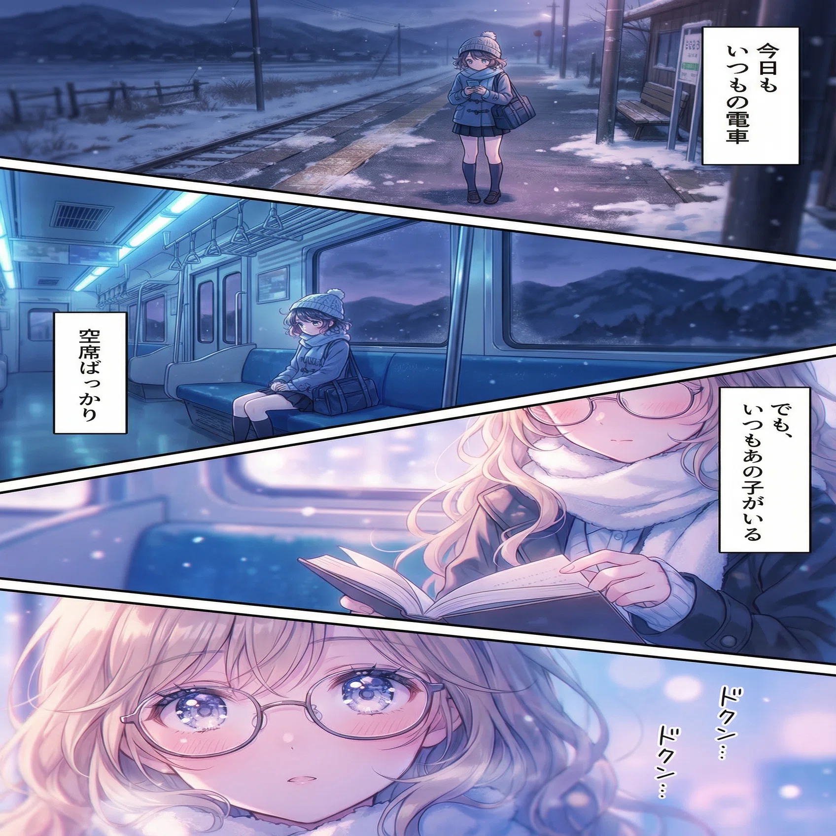 電車と読書と。初雪が日々に舞っても【画像生成AI / 4コマ漫画 / 短編
