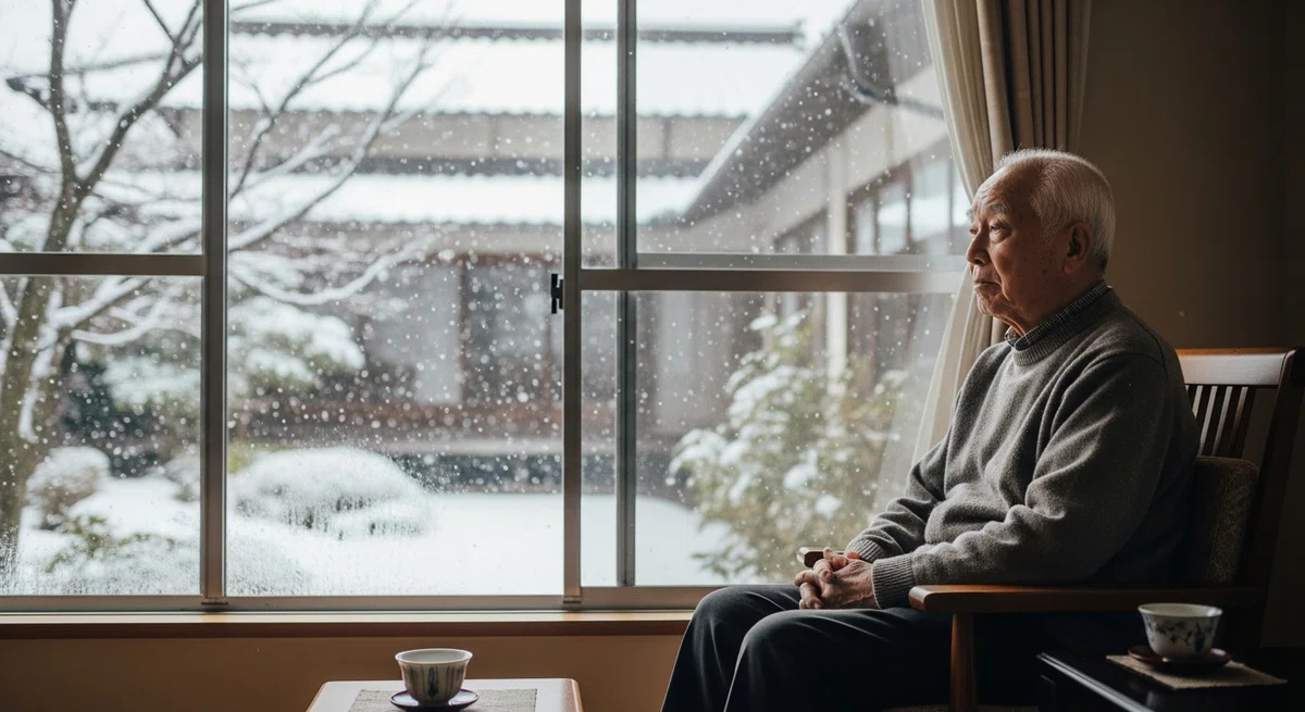 雪の降る庭を窓越しに見つめる高齢男性が室内で静かに座っている様子