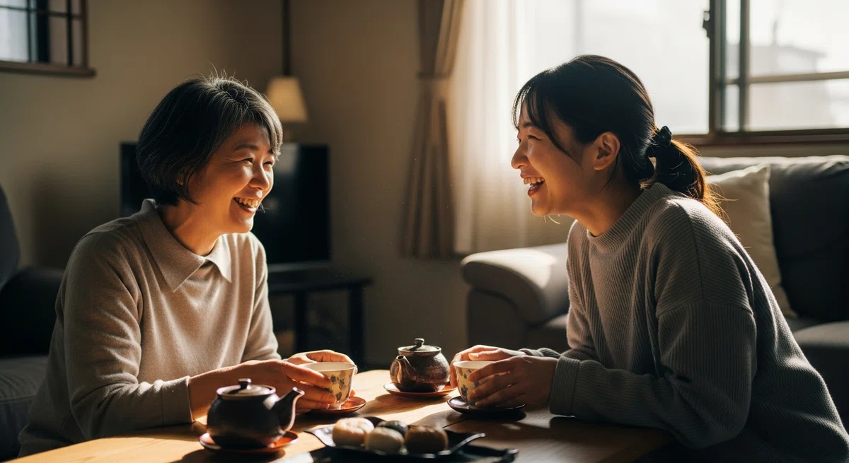 リビングでお茶を飲みながら笑顔で談笑する母娘の様子
