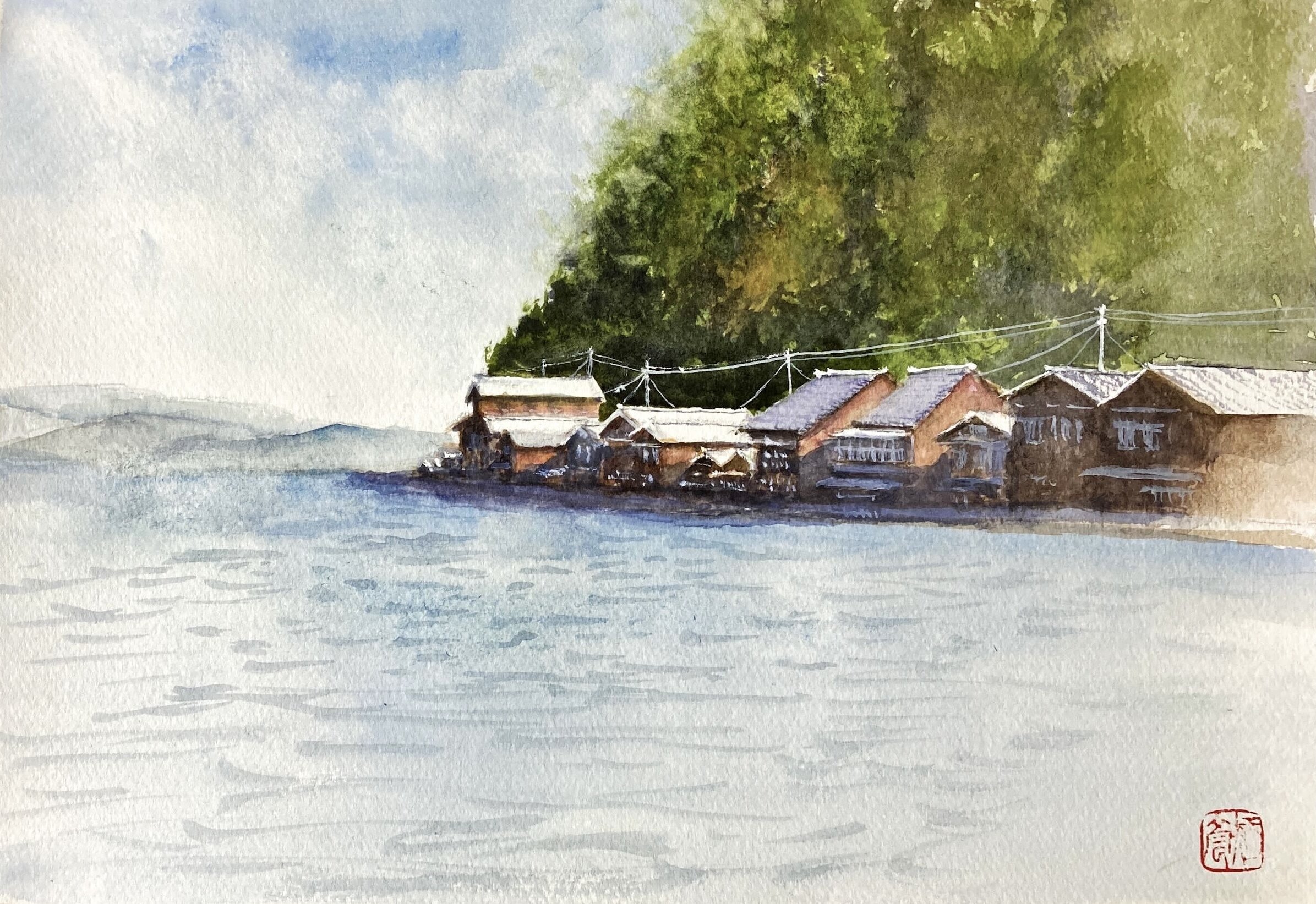 水彩画 水彩画154】今日も旅の思い出。伊根の舟屋。｜tatatotoya