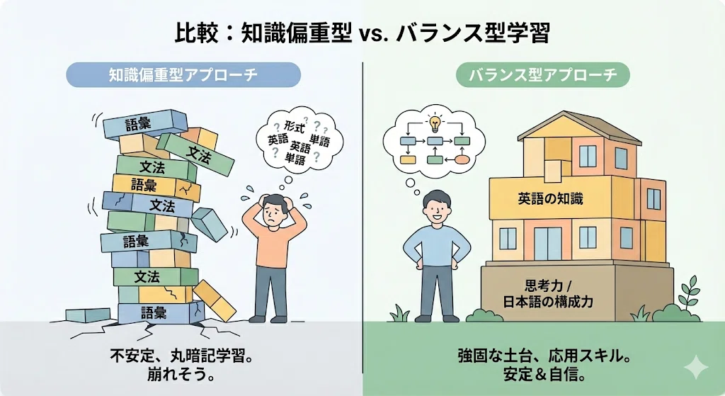 英語の知識だけを積み上げても話せない状態と、思考力や日本語整理力を土台にして安定して英語が話せる状態を比較したイラスト。