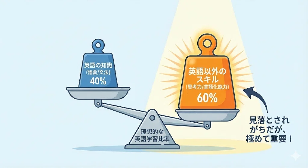 英語学習において、知識(単語・文法)は40%、英語以外の力(思考・言語化・日本語整理)が60%重要であることを示すグラフ。