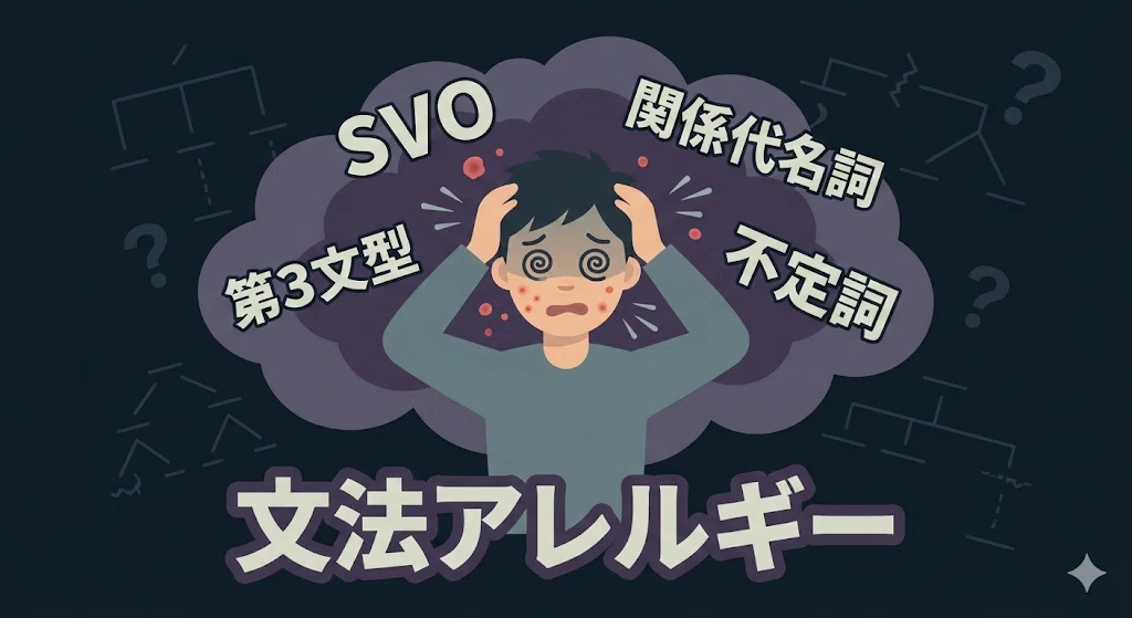 SVOや関係代名詞などの難しい文法用語に囲まれて、頭が混乱し英語アレルギーになっている初心者のイラスト。