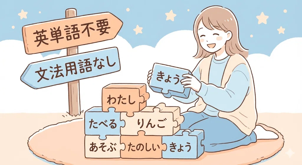 英単語や文法用語を使わずに、日本語のブロックで楽しく語順トレーニングをしている様子を描いたイラスト。