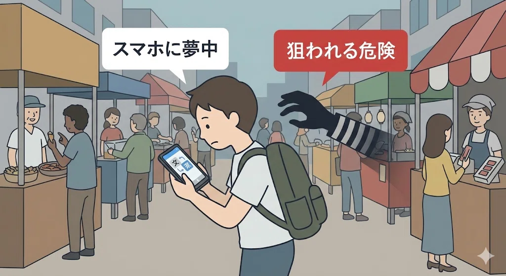 海外の雑踏で翻訳アプリに夢中になっている観光客が、スリに狙われている危険性を示したイラスト。