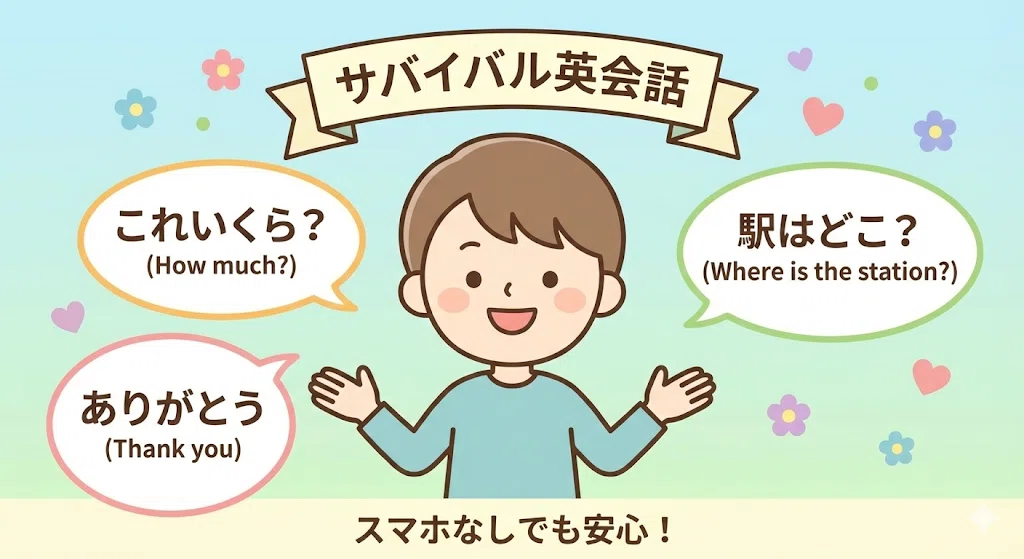 「これいくら?」「駅はどこ?」などの簡単なサバイバル英語を、スマホを使わずに笑顔で話しているイラスト。