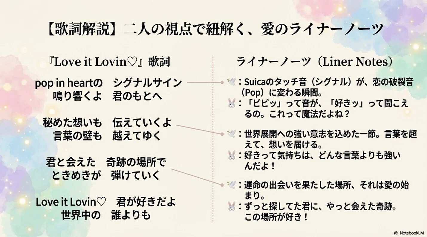 創作大賞2026 #オールカテゴリ部門 🎹Suica Lovin｜MV『Love it Lovin♡』｜🐇💖🕊️｜オリジナル曲🎵恋色の音色💕愛のライナーノーツ🎼💌夢色アート🫧Suicaの新キャラデザ🪄🎨ロゴデザイン｜図解｜歌詞解説｜創作 ｜恋愛｜音楽｜物語｜漫画｜イラスト｜動画｜アニメ｜スライド資料｜インフォグラフィック｜ <a target=