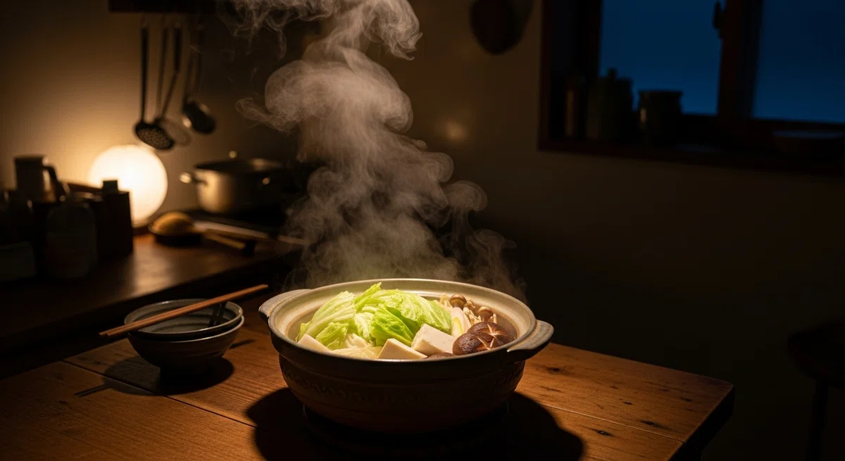 湯気の立つ鍋料理がテーブルの上に置かれ、薄暗い台所のあかりに照らされている様子。