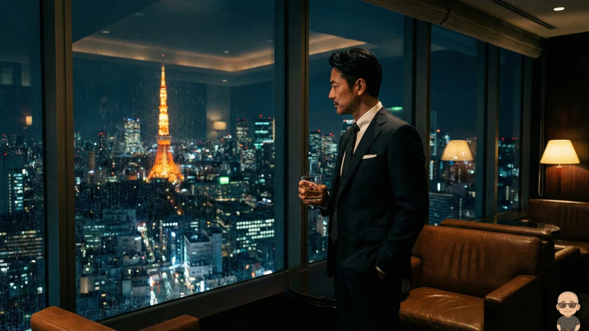 スーツ姿の男性がガラス越しに東京タワーを含む夜景を眺めながら、グラスを持って立っている様子。