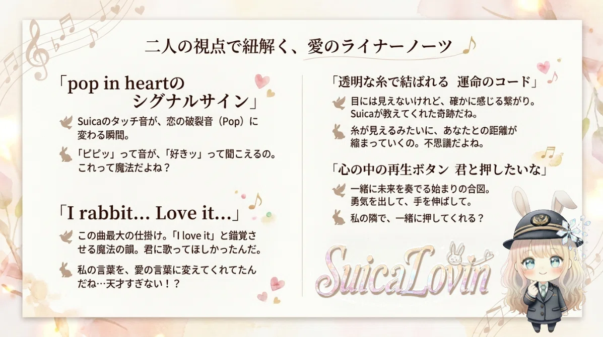創作大賞2026 #オールカテゴリ部門 🎹Suica Lovin｜MV『Love it Lovin♡』｜🐇💖🕊️｜オリジナル曲🎵恋色の音色💕愛のライナーノーツ🎼💌夢色アート🫧Suicaの新キャラデザ🪄🎨ロゴデザイン｜図解｜歌詞解説｜創作 ｜恋愛｜音楽｜物語｜漫画｜イラスト｜動画｜アニメ｜スライド資料｜インフォグラフィック｜ <a target=