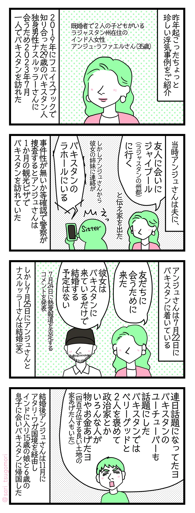 マンガの画像。以下内容テキスト
１： 昨年起こったちょっと珍しい浮気事例をご紹介。既婚者で２人の子どもがいるラジャスタン州在住のインド人女性アンジュ・ラファエルさん（35歳） 。２０１９年にフェイスブックで知り合った29歳のパキスタン人独身男性ナスルッラーさんに会うため２０２３年７月一人でパキスタンを訪れた。

２： 当時アンジュさんは夫に「友人と会いにラジャスタンの州都ジャイプールに行く」と伝え家を出た。 しかしアンジュさんから彼女の姉妹に「パキスタンのラホールにいる」と連絡があった。事件性が無いか等確認で警察が捜査するとアンジュさんは1か月の観光ビザでパキスタンを訪れていた。

３： アンジュさんは7月22日にパキスタンに着いた。
アンジュさん「友だちに会うために来た」
 ナスルッラーさん「彼女はパキスタンを訪問しているだけで、結婚する予定はない」
７月24日に熱愛報道を否定するコメントを発表。しかし7月25日にアンジュさんとナスルッラーさんは結婚（笑）。

４： ラフル「連日話題になってたヨ。パキスタンのユーチューバーも話題にした。パキスタンではベリーグッドと２人を褒めて政治家とかいろんな人が物とかお金あげたヨ。（400万位する良い場所の家あげた人もいた）」 
結婚後アンジュさんは11月にアタリ・ワガ国境を経由してインドに入り15歳の娘と6歳の息子に会いまたパキスタンに帰国した。